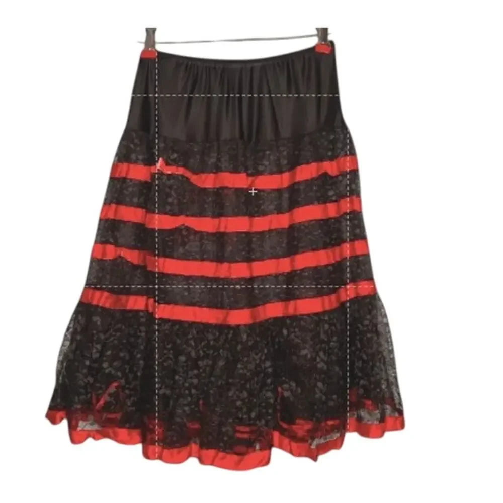 Vintage 50s Size Small Black Lace Can Can Crinoline Half Slip Womens Red Ribbon - Picture 1 of 8